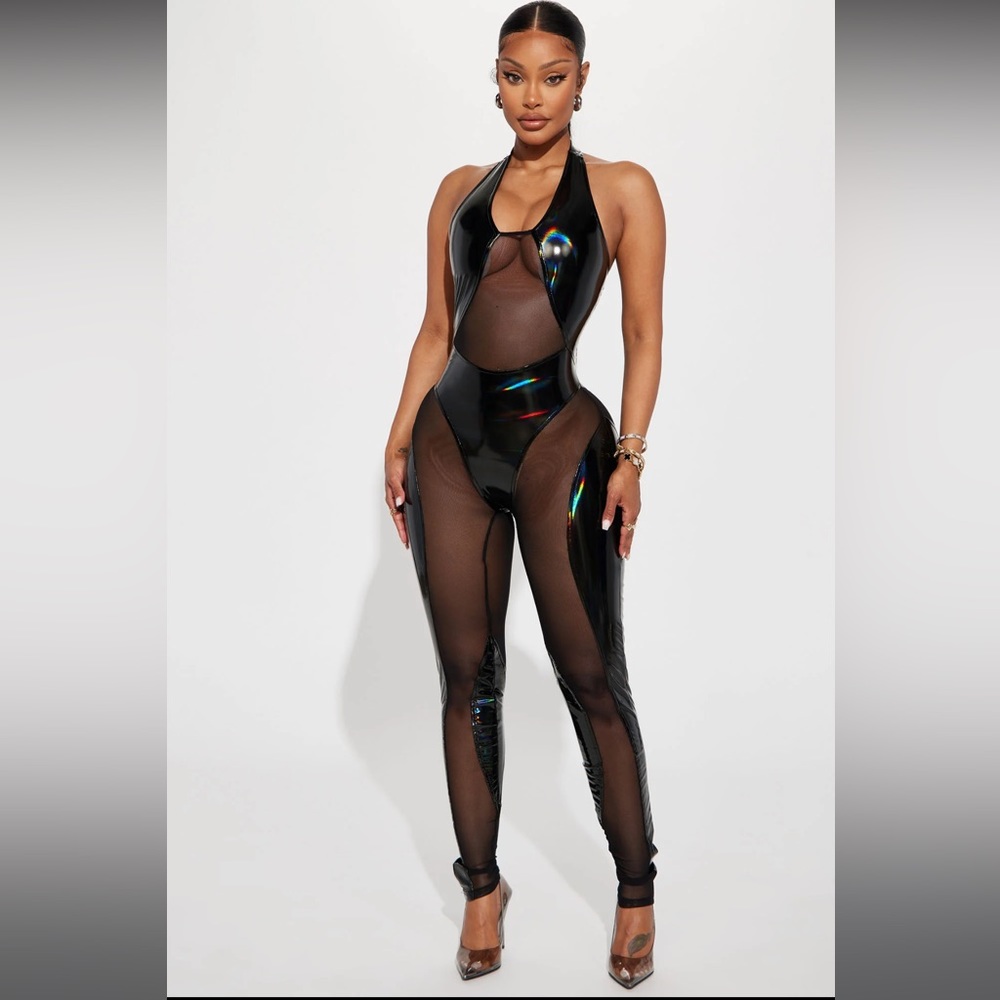 Fashionnova Blinded By The Sky Holographic Jumpsuit - Black (1X)